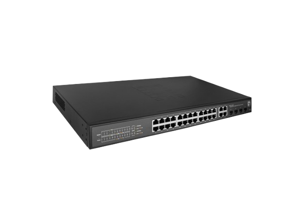 Hilbert 28-Port Gigabit PoE Smart Lite Switch, 24 PoE Outputs, 4 x Gigabit SFP/RJ45 Combo, 802.3at/af PoE, 380W PoE Power Budget 